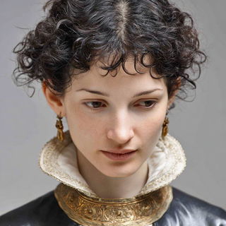 Tessera Crown style, Midjourney V7: photographic portrait of female protagonist