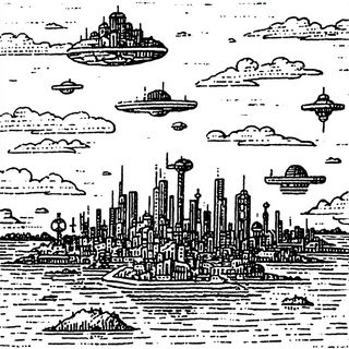 Engraved Surrealism style, Midjourney V7: megacity with futuristic bioarchitecture