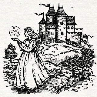 Engraved Surrealism style, Midjourney V7: retro fairy-tale illustration