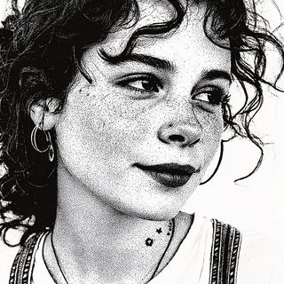 Engraved Surrealism style, Midjourney V7: photographic portrait of female protagonist