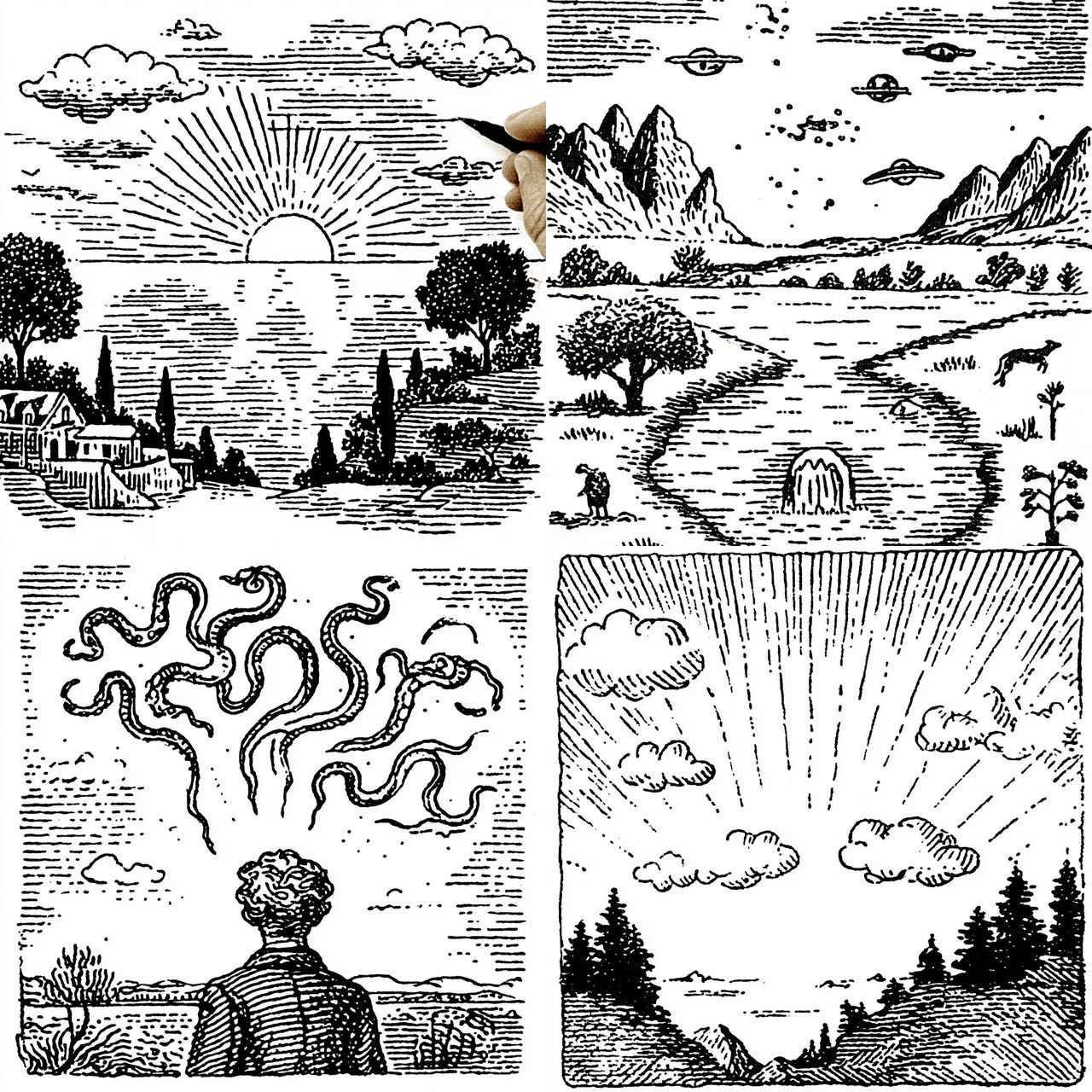 Engraved Surrealism style, Midjourney V7, render 1 of 4