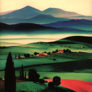 Vermarch style, Midjourney V7: realistic landscape photograph of quiet dawn