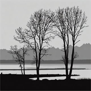 Veranda Silhouette style, Midjourney V7: realistic landscape photograph of quiet dawn