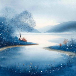Winterletter style, Midjourney V7: realistic landscape photograph of quiet dawn