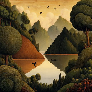Ochre Rainhold style, Midjourney V7: realistic landscape photograph of quiet dawn