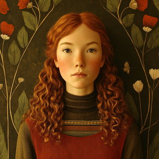 Ochre Rainhold style, Midjourney V7: photographic portrait of female protagonist