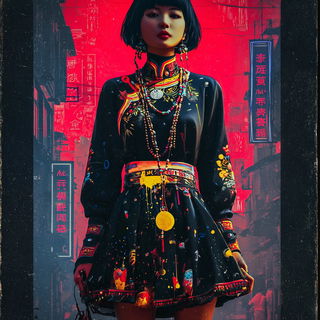 Screenprint Monsoon Shrine style, Midjourney V7: haute-couture fashion outfit