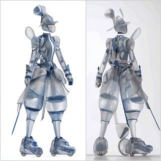 Paleolithoptera style, Midjourney V7: concept art character design of retropunk steam knight