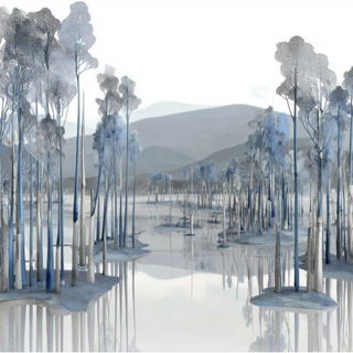 Paleolithoptera style, Midjourney V7: realistic landscape photograph of quiet dawn