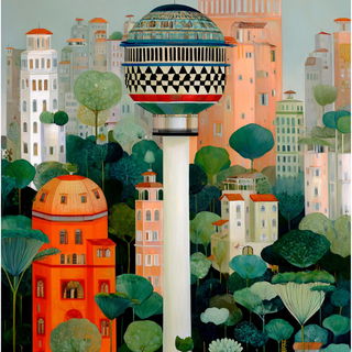 Patterned Tableau School style, Midjourney V7: megacity with futuristic bioarchitecture