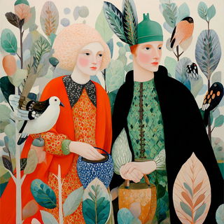 Patterned Tableau School style, Midjourney V7: retro fairy-tale illustration