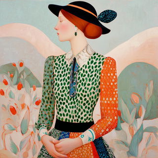 Patterned Tableau School style, Midjourney V7: haute-couture fashion outfit