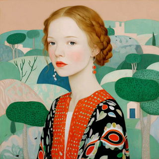 Patterned Tableau School style, Midjourney V7: photographic portrait of female protagonist