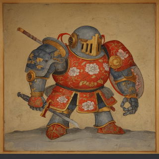 Manuscript Faunery style, Midjourney V7: concept art character design of retropunk steam knight
