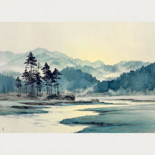 Lithoglyph style, Midjourney V7: realistic landscape photograph of quiet dawn