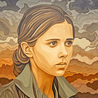 Harvest Bend style, Midjourney V7: photographic portrait of female protagonist