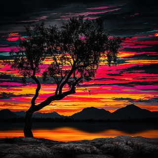 Hotpink Moldcraft style, Midjourney V7: realistic landscape photograph of quiet dawn