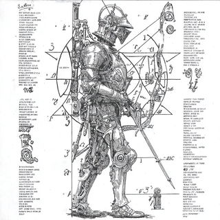 Schematic Theatricalism style, Midjourney V7: concept art character design of retropunk steam knight