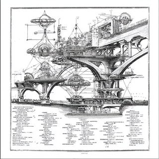 Schematic Theatricalism style, Midjourney V7: technical infrastructure blueprint schematics
