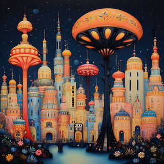 Ornamentigrade style, Midjourney V7: megacity with futuristic bioarchitecture