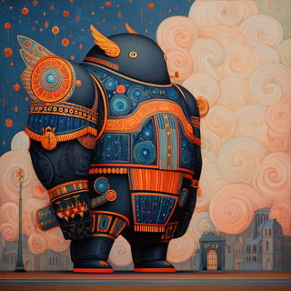 Ornamentigrade style, Midjourney V7: concept art character design of retropunk steam knight