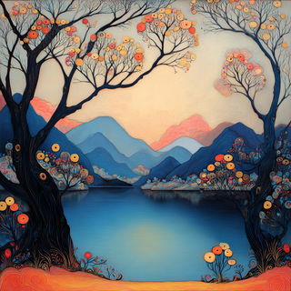 Ornamentigrade style, Midjourney V7: realistic landscape photograph of quiet dawn