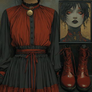 Bloodrose Fairground style, Midjourney V7: haute-couture fashion outfit