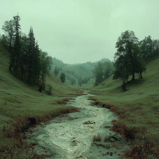 Vatfog style, Midjourney V7: realistic landscape photograph of quiet dawn