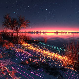 Photocascade style, Midjourney V7: realistic landscape photograph of quiet dawn