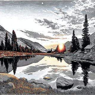 Orbsunder style, Midjourney V7: realistic landscape photograph of quiet dawn