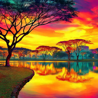 Saturaflux style, Midjourney V7: realistic landscape photograph of quiet dawn