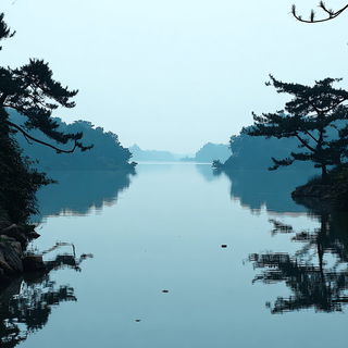 Coral Pagoda Jacquard style, Midjourney V7: realistic landscape photograph of quiet dawn