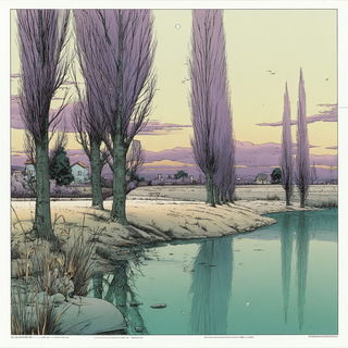 Ruinfleur style, Midjourney V7: realistic landscape photograph of quiet dawn