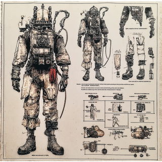 Hephaestus Diagrammatics style, Midjourney V7: concept art character design of retropunk steam knight