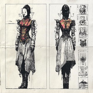 Hephaestus Diagrammatics style, Midjourney V7: haute-couture fashion outfit