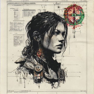 Hephaestus Diagrammatics style, Midjourney V7: photographic portrait of female protagonist