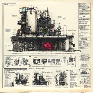 Hephaestus Diagrammatics style, Midjourney V7: technical infrastructure blueprint schematics