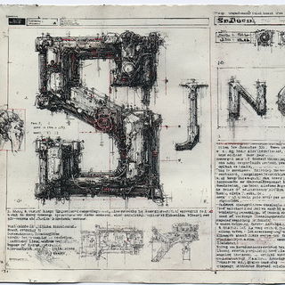 Hephaestus Diagrammatics style, Midjourney V7: typographic composition with large letters