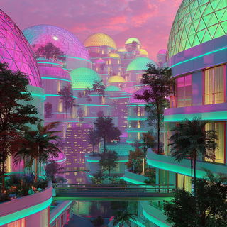 Chromatropic style, Midjourney V7: megacity with futuristic bioarchitecture