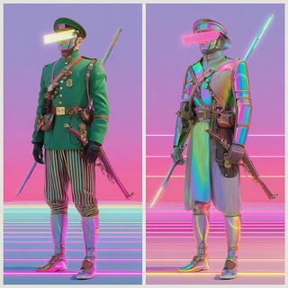 Chromatropic style, Midjourney V7: concept art character design of retropunk steam knight
