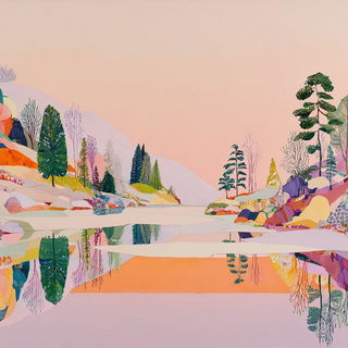 Foliarococo style, Midjourney V7: realistic landscape photograph of quiet dawn