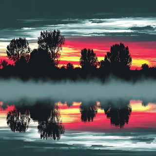 Silhouettic Marblestorm style, Midjourney V7: realistic landscape photograph of quiet dawn