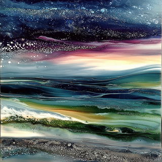 Chromacellularism style, Midjourney V7: realistic landscape photograph of quiet dawn