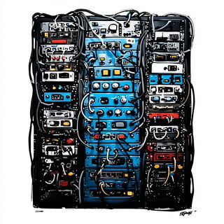 Blackwire Junction style, Midjourney V7: technical infrastructure blueprint schematics