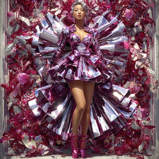 Liquid Petal Cabaret style, Midjourney V7: haute-couture fashion outfit