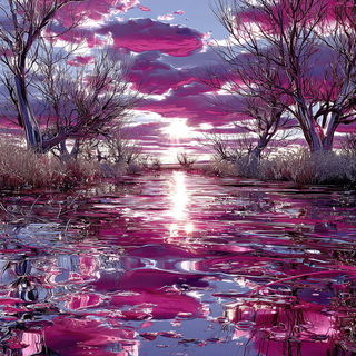 Liquid Petal Cabaret style, Midjourney V7: realistic landscape photograph of quiet dawn