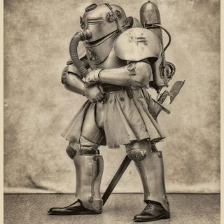 Cinemachinery style, Midjourney V7: concept art character design of retropunk steam knight