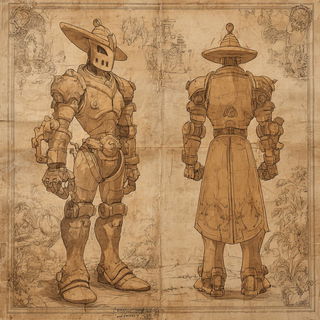 Scenographia style, Midjourney V7: concept art character design of retropunk steam knight