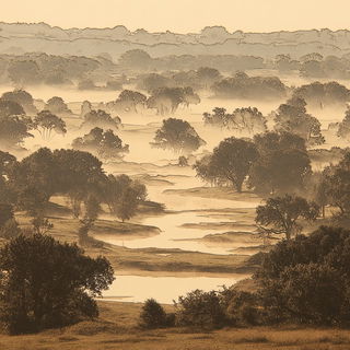 Scenographia style, Midjourney V7: realistic landscape photograph of quiet dawn