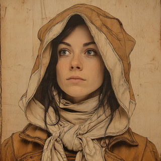 Scenographia style, Midjourney V7: photographic portrait of female protagonist